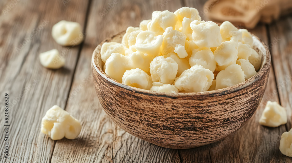 fresh cheese curds in a rustic bowl on wooden surface fresh cheese curds in a rustic bowl on wooden surface