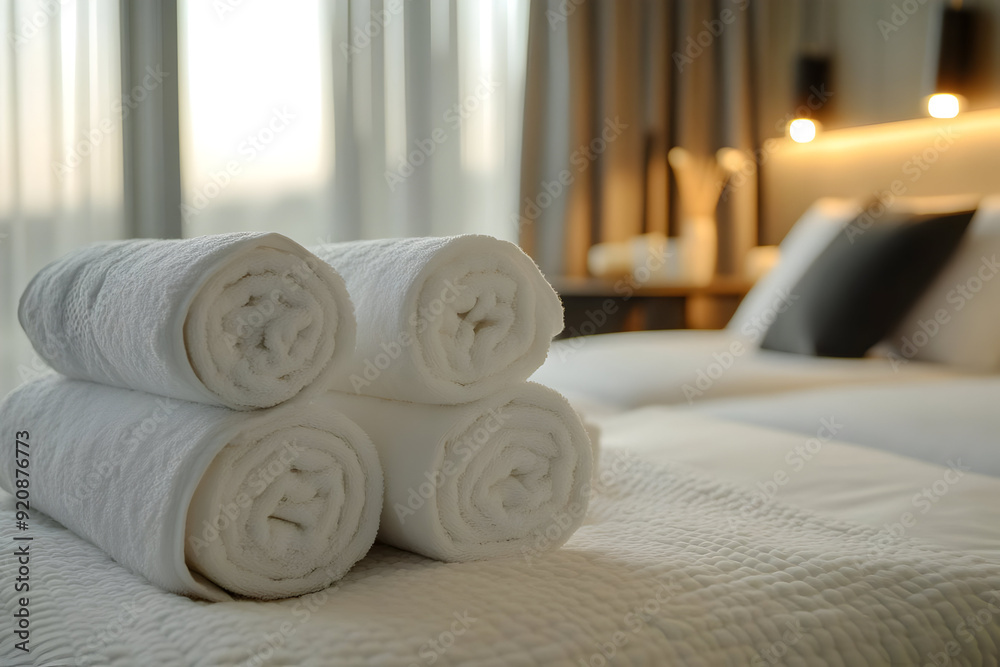 Fresh white towels rolled neatly on a hotel bed, showcasing a clean and inviting atmosphere for guests. Fresh white towels rolled neatly on a hotel bed, showcasing a clean and inviting atmosphere for guests.