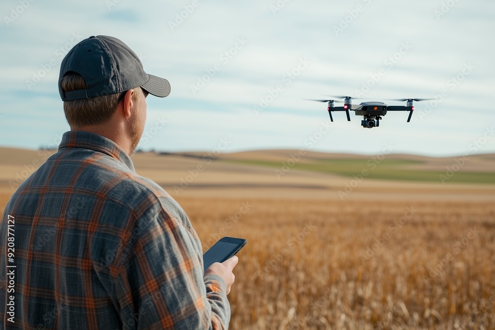 Man controls a drone over a golden field during daylight in a rural area Man controls a drone over a golden field during daylight in a rural area