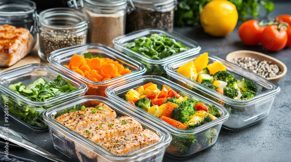 Meal Prep Containers Filled with Healthy Vegetables, Fish, and Herbs Meal Prep Containers Filled with Healthy Vegetables, Fish, and Herbs