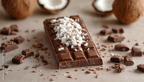 Delicious chocolate bar garnished with shredded coconut, surrounded by cocoa shells and chocolate pieces, perfect for dessert lovers.