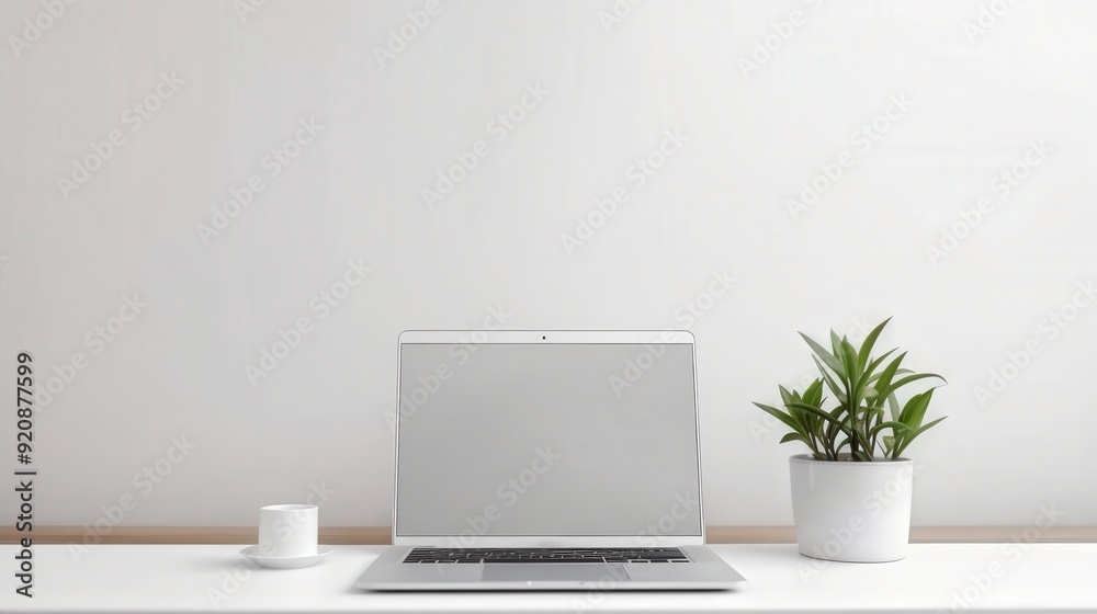 A minimalist workspace featuring a laptop, a small cup, and a potted plant. A minimalist workspace featuring a laptop, a small cup, and a potted plant.