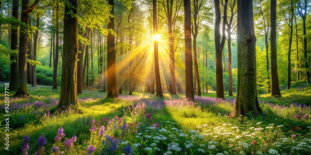 Obraz premium Serene forest landscape with dappled sunlight filtering through towering trees, lush green foliage, and vibrant wildflowers, evoking a sense of tranquility and connection with nature.