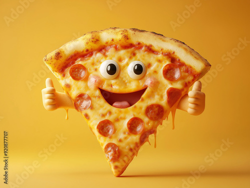 A happy pizza slice smiling and giving a thumbs up