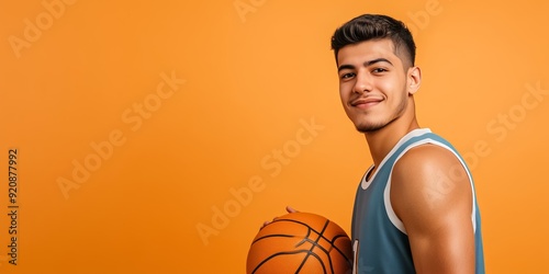 Athletic young man wearing a basketball jersey holding a basketball and smiling on an orange background photo