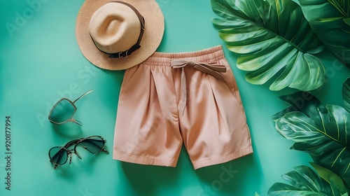Stylish High Waisted Shorts with Casual Belt Accents on Tropical Greenery Flat Lay Backdrop photo
