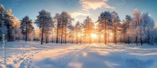 A serene winter landscape featuring snow-covered trees and a beautiful sunrise illuminating the tranquil scene.