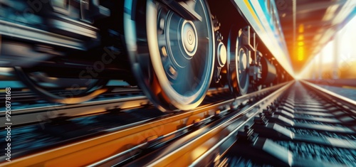 Close-up of speeding train wheels moving along the tracks at sunset with motion blur effects. Concepts of transportation, speed, and modern railway travel. photo