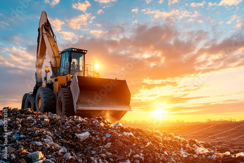 A heavy excavator operates on a landfill at sunset, showcasing the importance of waste management in urban environments.