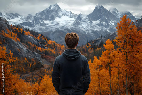 A tranquil scene of a person admiring vibrant autumn foliage and majestic mountains, encapsulating nature's beauty and peace.