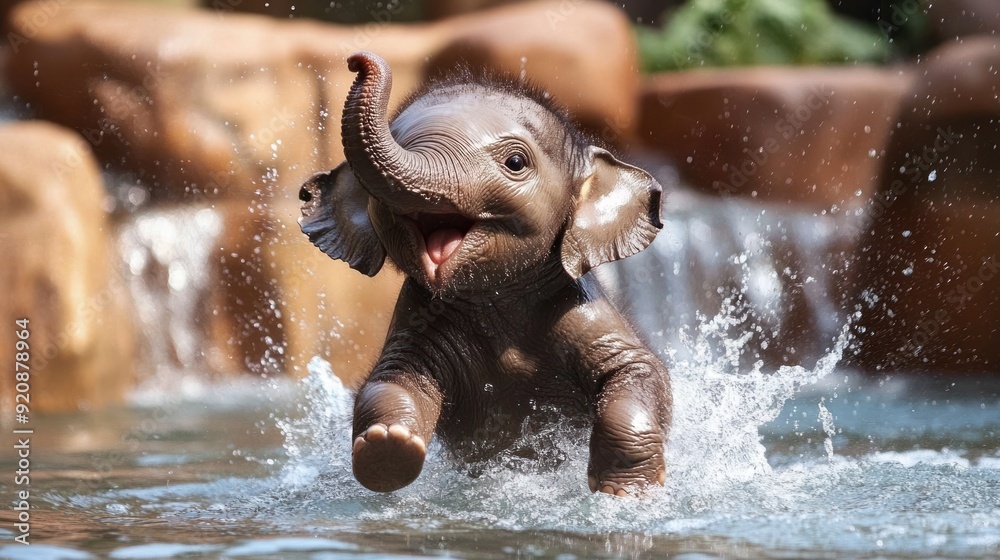 Fototapeta premium Close-up of Cute Baby Elephant Playing In Water happily