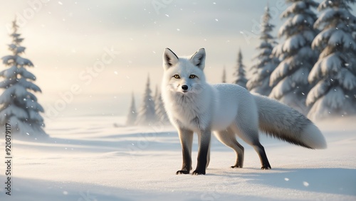 A picture of a white arctic fox standing in a snowy field with trees in the background.