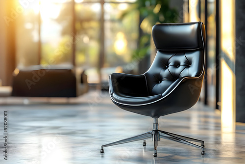 Stylish black leather chair in modern interior, perfect for office or home decor, blending comfort and sophistication. photo