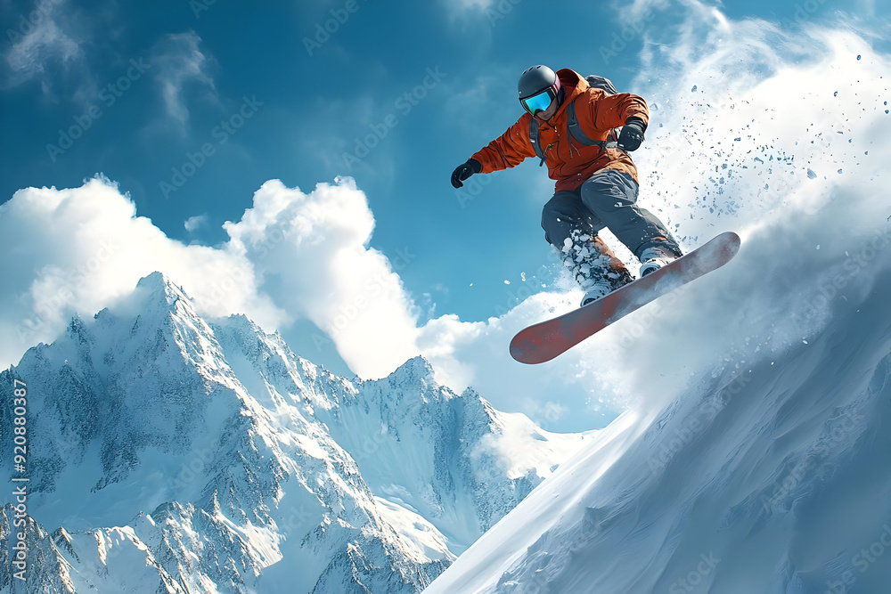 A snowboarder performs an impressive jump in a stunning mountain landscape, showcasing adventure and winter sports excitement. A snowboarder performs an impressive jump in a stunning mountain landscape, showcasing adventure and winter sports excitement.