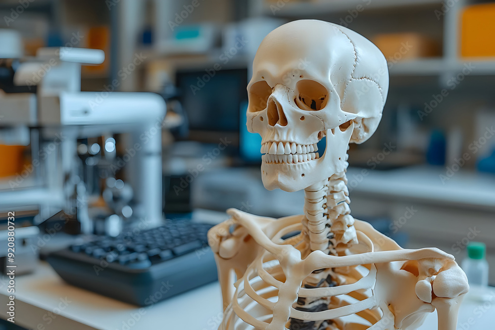A detailed anatomical skeleton model displayed in a lab setting, showcasing human anatomy for educational purposes. A detailed anatomical skeleton model displayed in a lab setting, showcasing human anatomy for educational purposes.