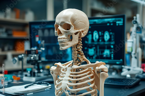 A detailed anatomical skeleton model in a laboratory setting, showcasing human anatomy for educational purposes. photo