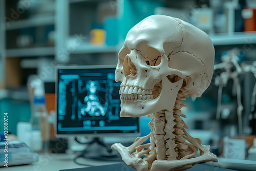 A detailed human skull model placed on a lab desk, surrounded by medical tools and a computer display with anatomical imaging.