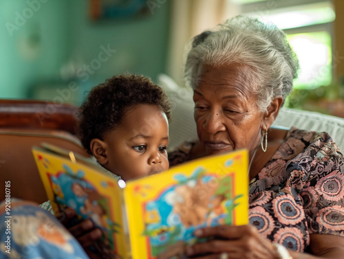 A woman and a child are reading a book together. Scene is warm and loving, as the woman is sharing a special moment with the child