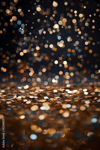 Golden sparkles on the black background. Dark festive vertical backdrop with beautiful metallic confetti falling down.