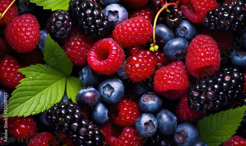 Mix berries with leaves in closeup 