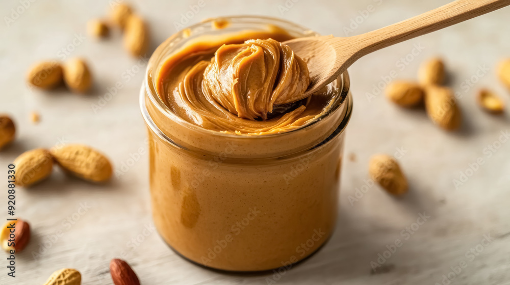 creamy peanut butter in a glass jar with spoon creamy peanut butter in a glass jar with spoon