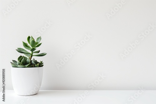 A minimalist white pot containing a green succulent stands on a white surface, epitomizing modern design simplicity.