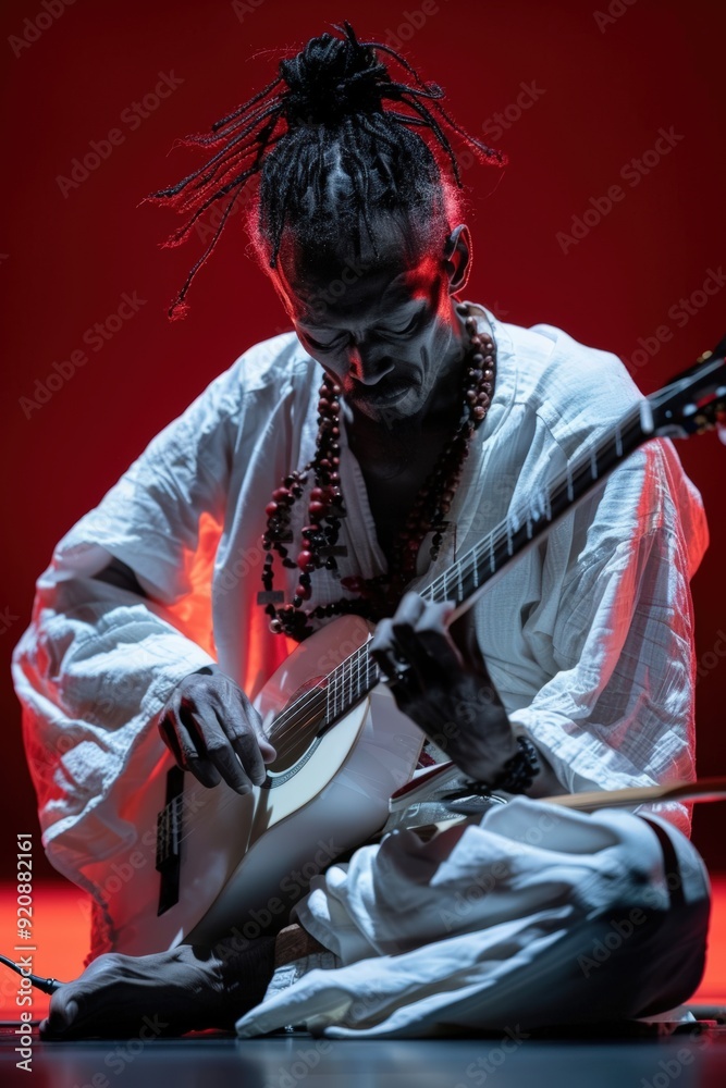 Fototapeta premium Flamenco dancer with guitar performing under red lighting