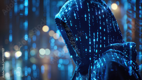 Hooded figure in dark environment with binary code overlay and blurred lights in the background. Possible uses include cyber security concepts, technology themes, and hacker imagery. photo