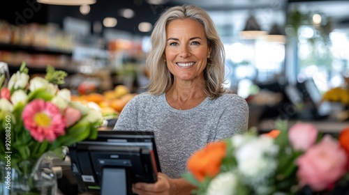 A smiling cashier stands behind the counter in a grocery store, surrounded by fresh flowers, creating a bright and welcoming atmosphere for customers purchasing their items. photo