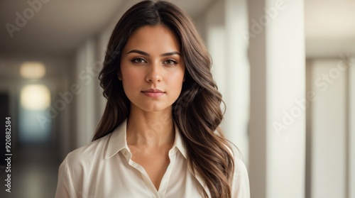 Bold lady flowing hair stands softly lit corridor 