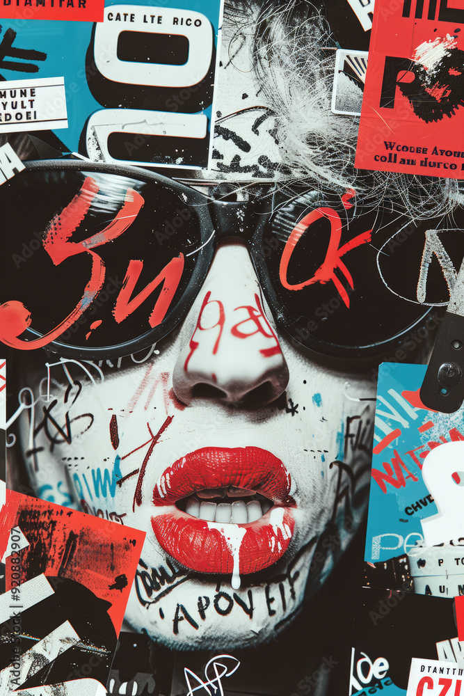 Naklejka premium Graffiti art portrait of a woman with red lips and sunglasses