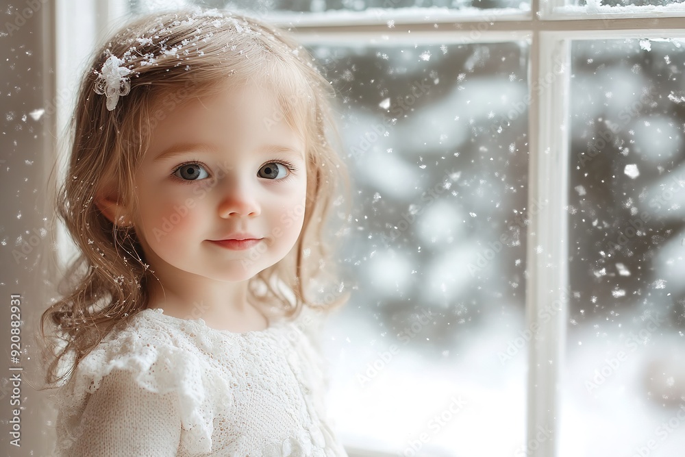 Toddler girl watching snowflakes by window, winter charm.