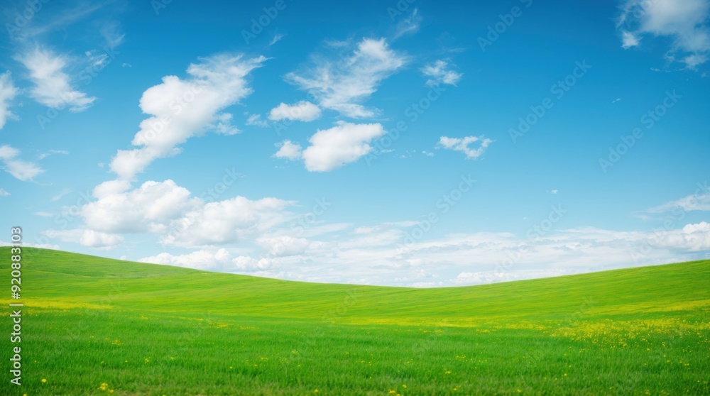 Bold lush mountains beneath a sunny cerulean sky lustred with fluffy white clouds Bold lush mountains beneath a sunny cerulean sky lustred with fluffy white clouds