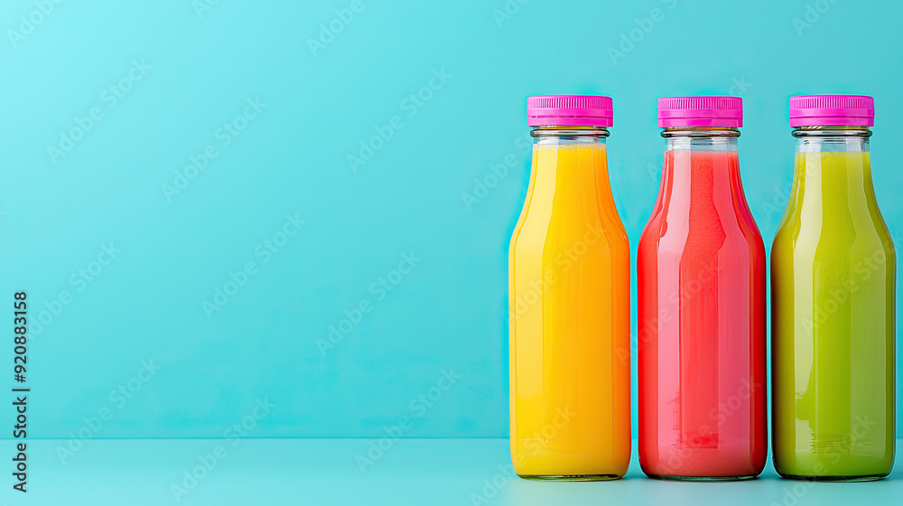 Bright and refreshing fruit juices in colorful bottles against a vibrant turquoise background. Bright and refreshing fruit juices in colorful bottles against a vibrant turquoise background.