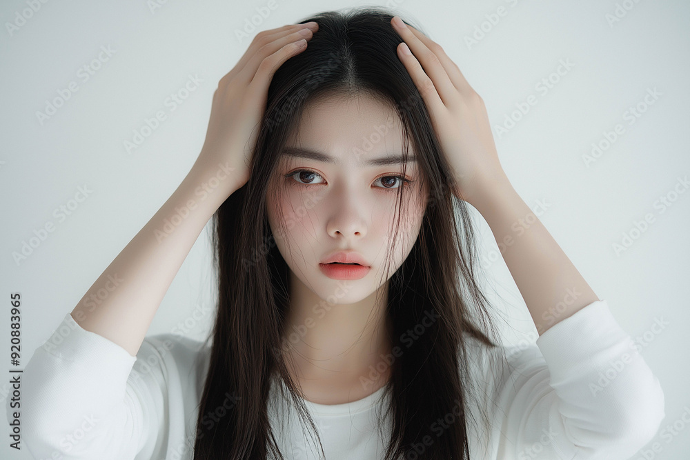 A young woman of Asian appearance, holding her head, she has a headache, on a white background, medium plan. A young woman of Asian appearance, holding her head, she has a headache, on a white background, medium plan.