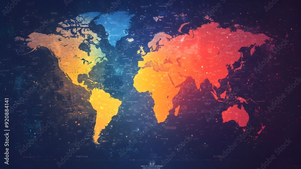 Fototapeta premium Vibrant World Map with Gradient Color Scheme Transitioning from Warm to Cool Tones