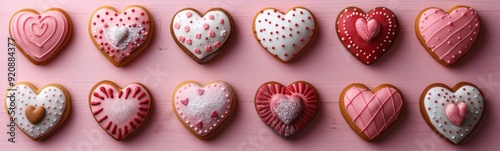 Several heart shaped cookies are arranged on a pink surface, Food background, Banner, Love background