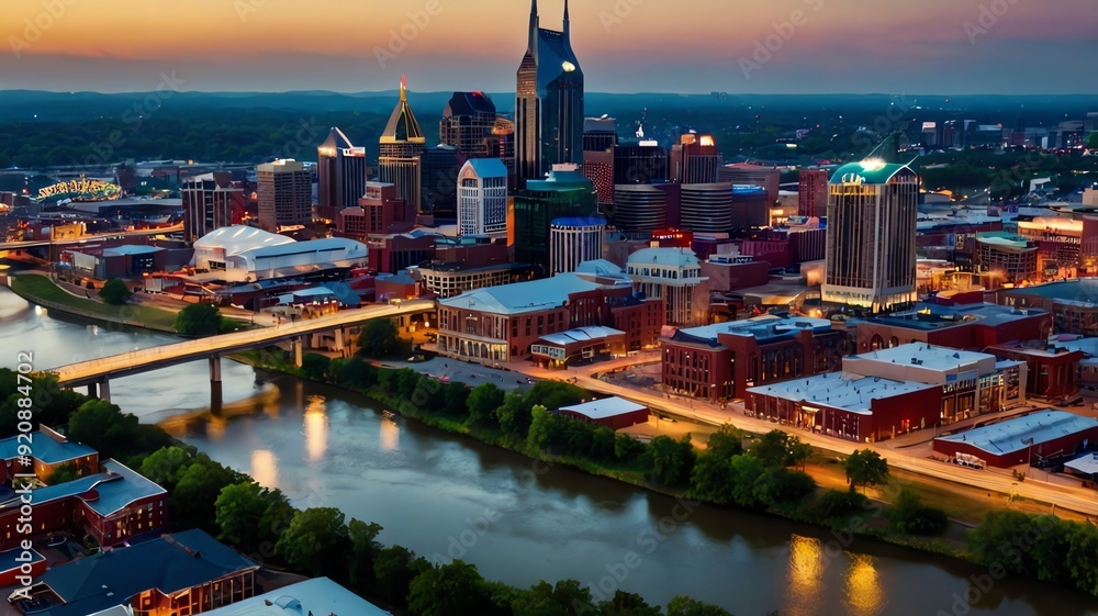 Obraz premium A city skyline with a river flowing through it. There are many tall buildings lit up at sunset.