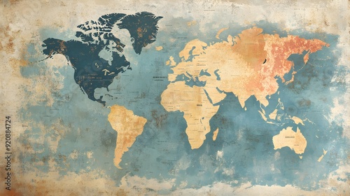 Vintage Faded World Map with Old Style Typography and Worn Textures