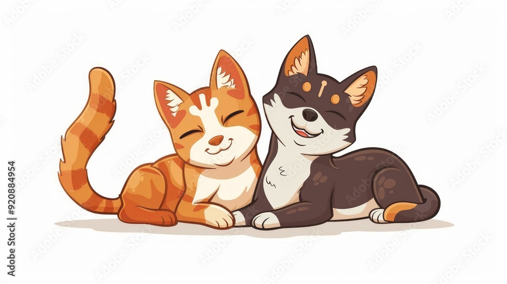 Fototapeta premium Lovely Cat And Dog Cartoon. Animal Nature Icon Concept Isolated Premium Vector. Vector Illustration,