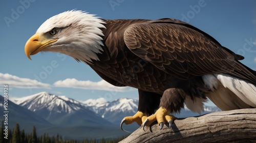 A close-up of an American Bald Eagle with white head and tail feathers, a yellow beak, and brown body