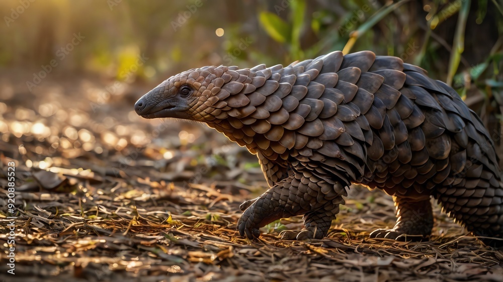 A pangolin walking on a dirt path in a forest A pangolin walking on a dirt path in a forest