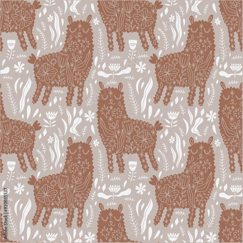 Fluffy brown ginger color ornamental tribal boho Fluffy brown ginger color ornamental tribal boho alpaca seamless pattern. Funny smiling no drama llama cartoon funny nursery animal concept, baby