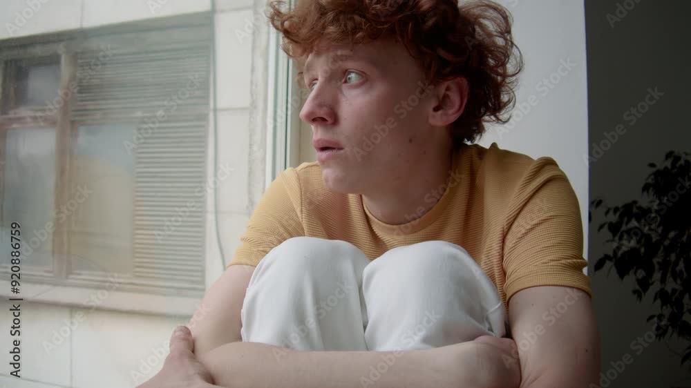 Chest up shot of young Caucasian guy with red curly hair in casual clothes sitting on window sill and looking out of window, looking sad and distressed, feeling guilty and regretful at home