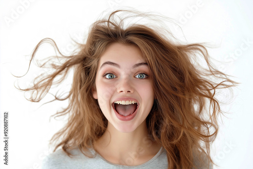 Close-up of a woman of European appearance, smiling happily, in a state of joy and delight, emotions, on a white background, medium plan. Advertising banner.