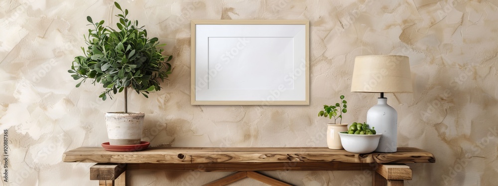 A wooden table holds a potted plant, while a framed photo of a plant adorns another wooden table nearby A wooden table holds a potted plant, while a framed photo of a plant adorns another wooden table nearby