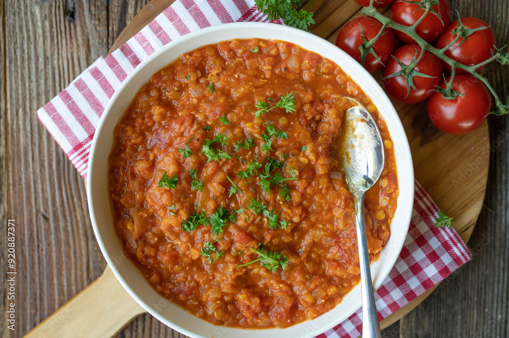Tomato soup with red lentils. Healthy homemade vegan food Tomato soup with red lentils. Healthy homemade vegan food