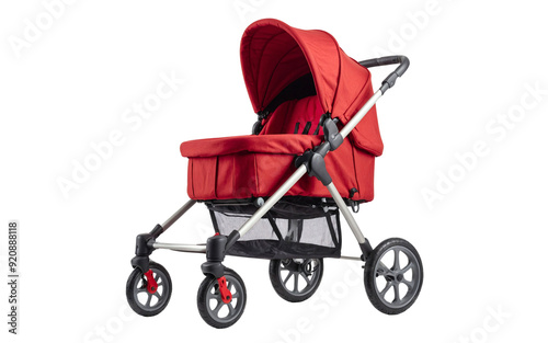 Red child stroller or perambulator object isolated on transparent background. Baby carriage or pushchair with wheels