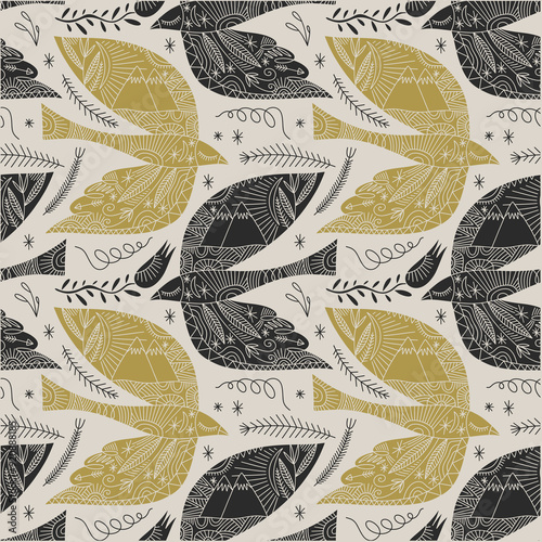 Folk monochrome birds tribal boho patterned animal in Scandinavian cottagecore style, floral ornament. Hygge, lagom and fika lifestyle philosophy concept. Swedish or Finnish stylized folklore