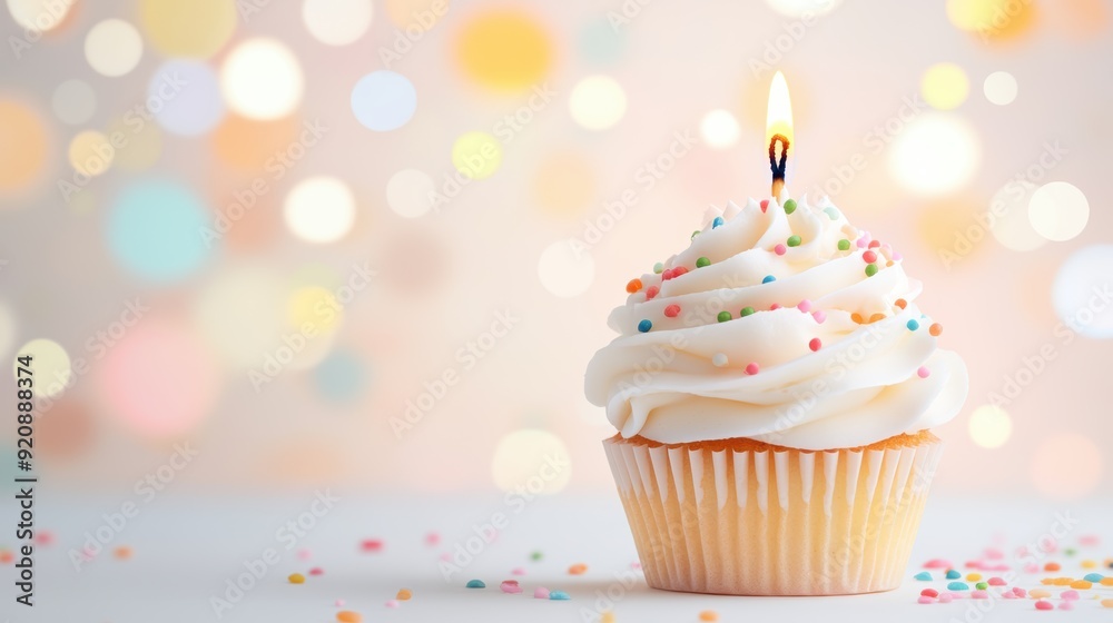 Cupcake with a single lit candle and colorful sprinkles on a pastel bokeh background, perfect for birthday celebrations. Cupcake with a single lit candle and colorful sprinkles on a pastel bokeh background, perfect for birthday celebrations.